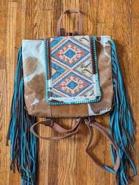 Myra Bag Brown and Turquoise Fringe Backpack with Aztec Front